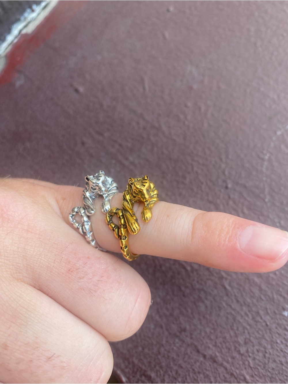 2 Ring Bundle - Tiger Wrap Around Gold-Tone & Silver Stainless Steel Rings Sz 6